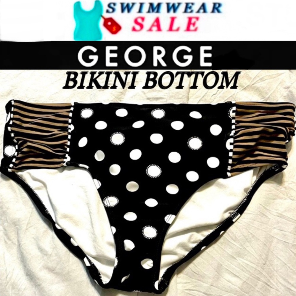 GEORGE black and white polka dot rouched bikini bottom size S NWOT